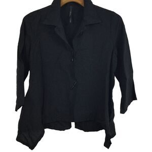 IC by Connie K Button Detail Lagenlook Sharkbite Hem 3/4 Sleeve Shirt Top Black